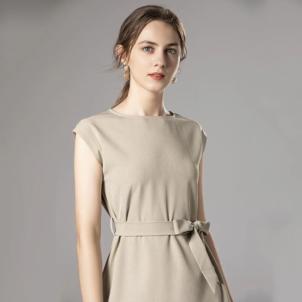 Vestido largo de primavera-verano para mujer, elegante vestido de corte recto con cinturón, cuello redondo, sin mangas, Color liso