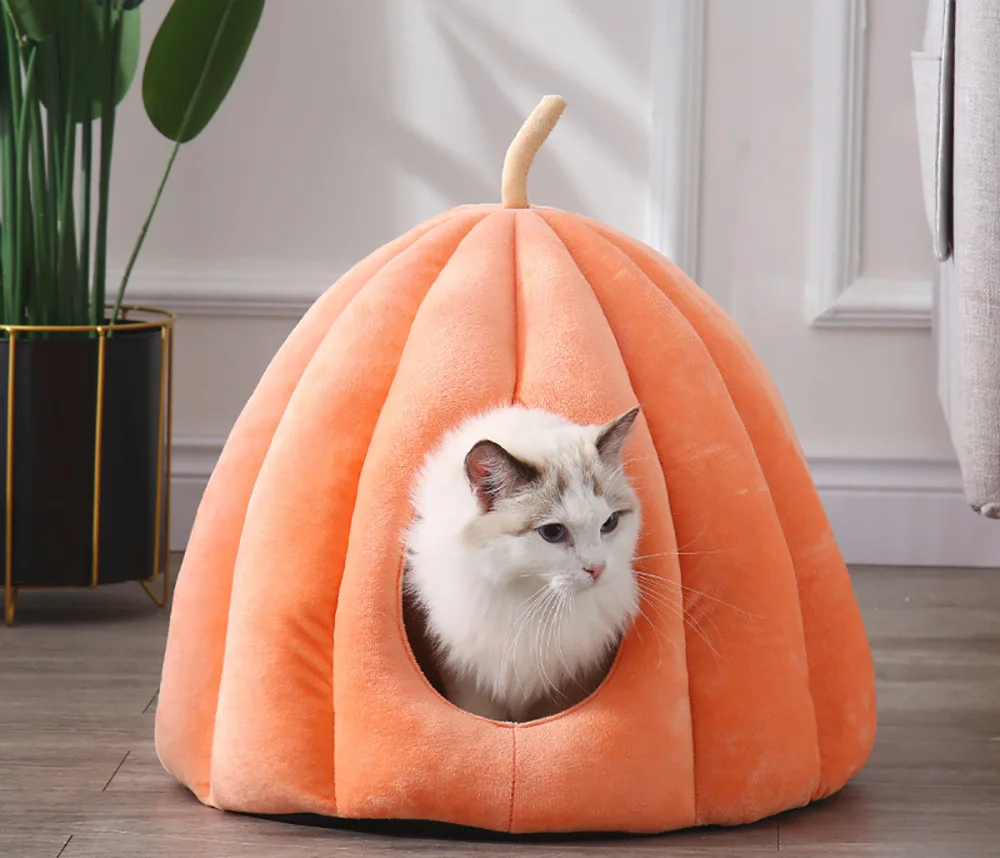 

Soft Cat Cave Bed Warm Kennel For Puppy Deep Sleeping Kitten Nest Pumpkin Shape Warming Cat's House Washable Mat Pet Accessories