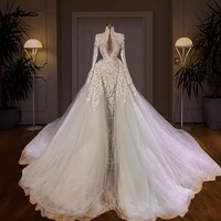 white mermaid wedding dresses with detachable train bridal gowns pearls chapel long sleeves elegant brides robe de mariage