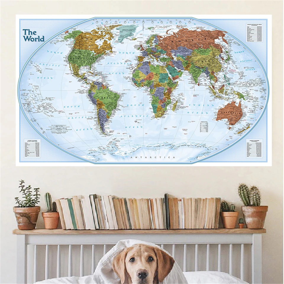 

225*150cm The World Political Map with Details Large Poster Retro Non-woven Canvas Painting Classroom Home Decor School Supplies