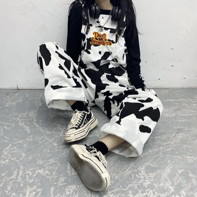 

Hippie Cow Print Jumpsuits Harajuku Cow Patterned Trousers Korean Style Overalls Casual Baggy Wide Leg Pants Spring 2021