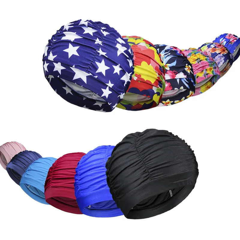 

1PC High Elastic Swimming Cap Men Women Free Size Solid Flowers Printed Long Hair Sports Swim Pool Hat Nylon Turban