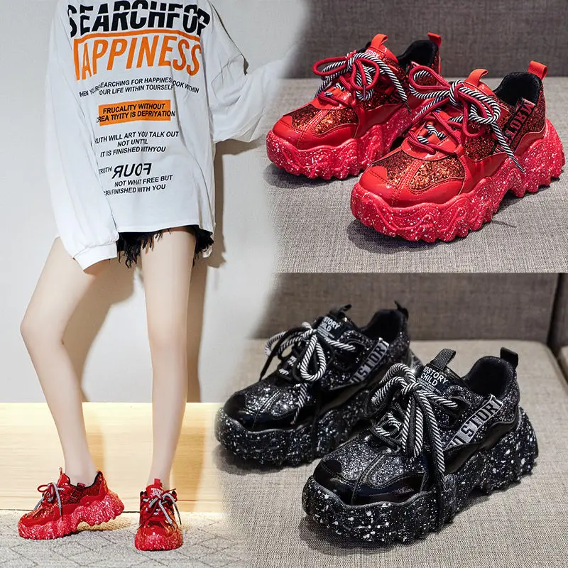 Женские кроссовки Новинка 2020 года Блестящие красные на платформе Женская обувь Массивные шнуровке