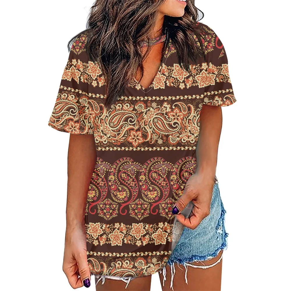 

Women Graphic Tees Tshirt Ethnic Flowers Pattern Print Summer Loose Casual Tops Short Sleeve V Neck T Shirt Tunic Blouses 2022