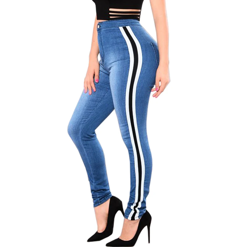 

Side Striped High Waist Skinny Jeans Leggings Woman Sexy Push Up Jeans Denim Pencil Pants jeansy damskie