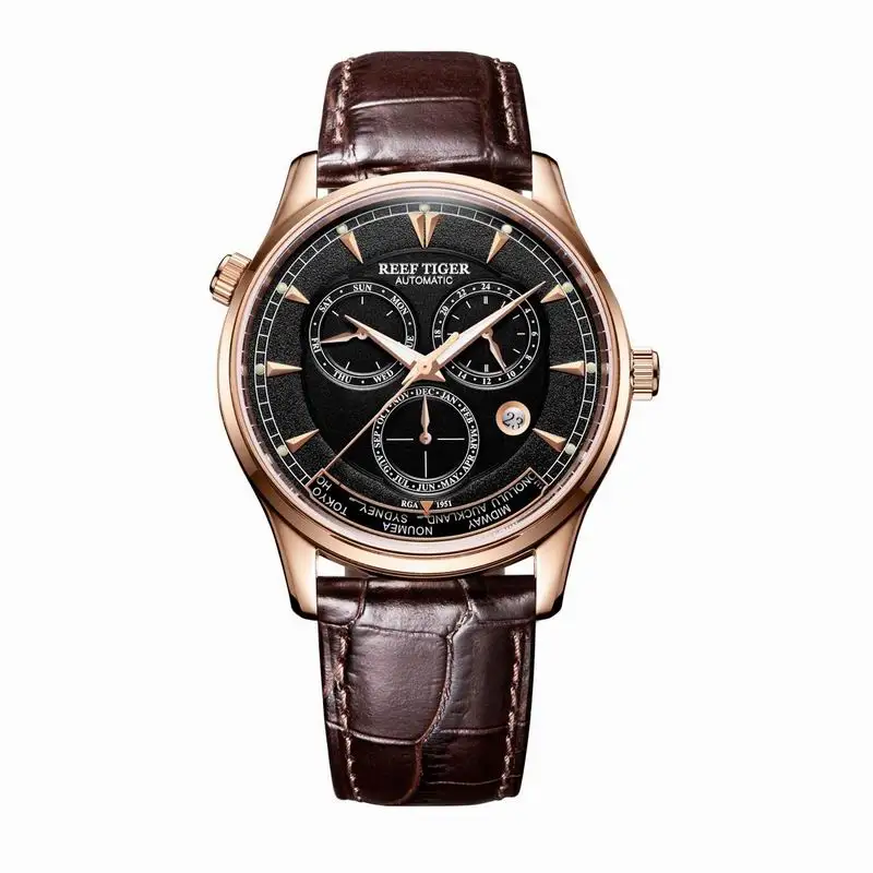 Reef Tiger/RT World Time часы с датой день месяц розовое золото кожаный ремешок часы двойное время Мужские автоматические часы RGA1951 - Цвет: RGA1951PBS