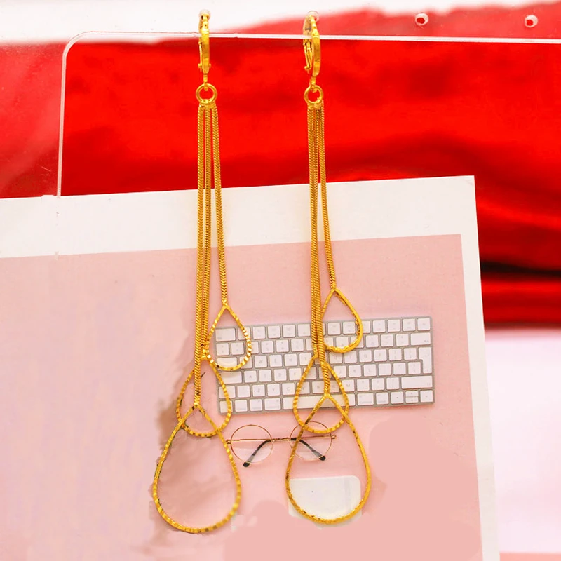Fashion Statement Earrings 24k gold filled long drop earrings For Women pure color Hanging Dangle wedding Jewelry | Украшения и