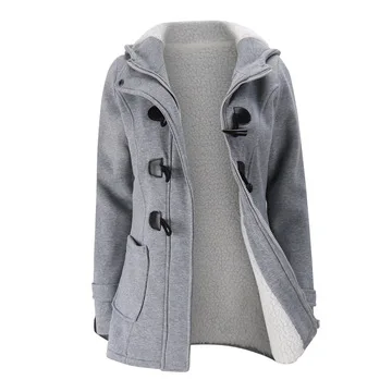 

Hooded leather horn wool blended buckle jacket cotton jacket with cashmere lamb hair thickened