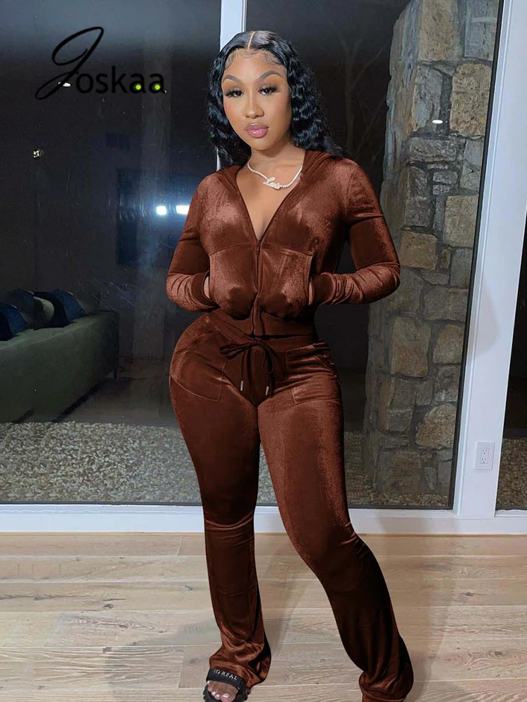 

Joskaa Women Clothes Long Sleeve Zipper Crop Hoodie Flare Pants Sets Fall 2021 Casual Fitness Tracksuits Velet Two Piece Set