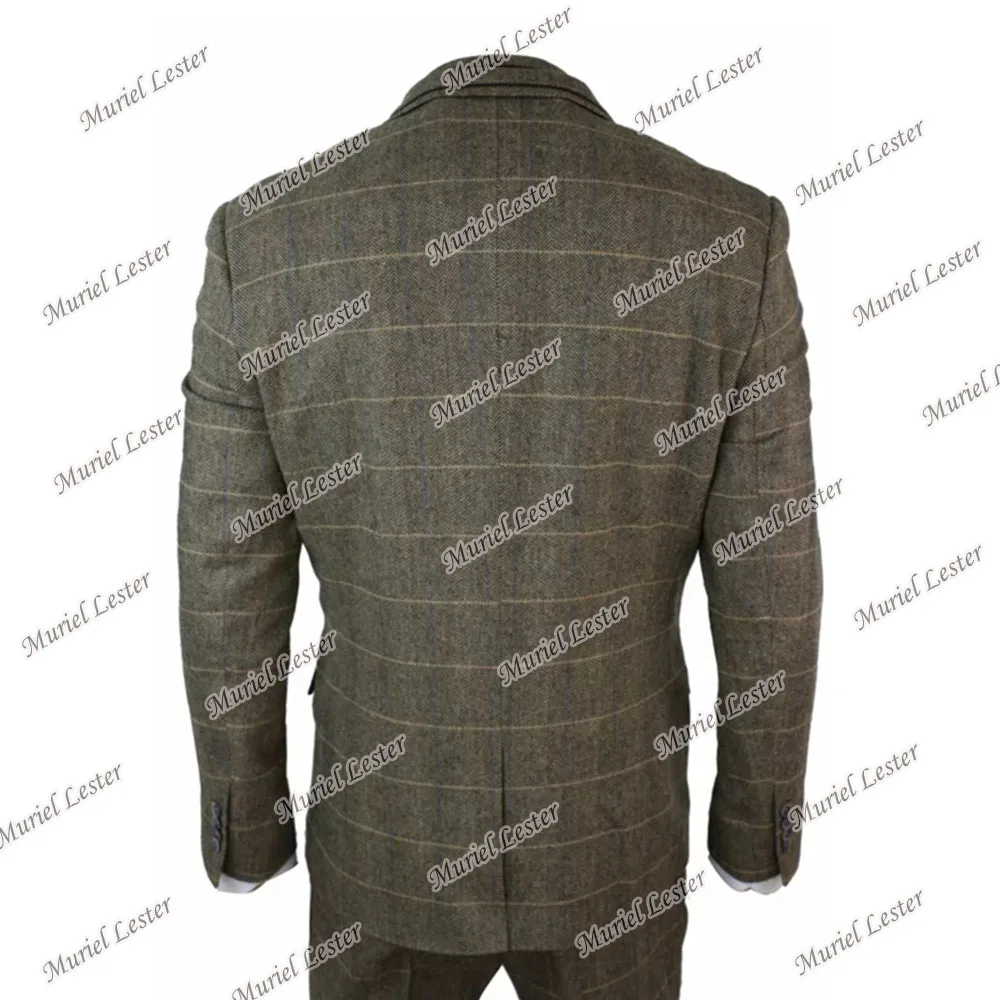 Зимние винтажные свадебные костюмы клетчатые твидовые плотные коричневые