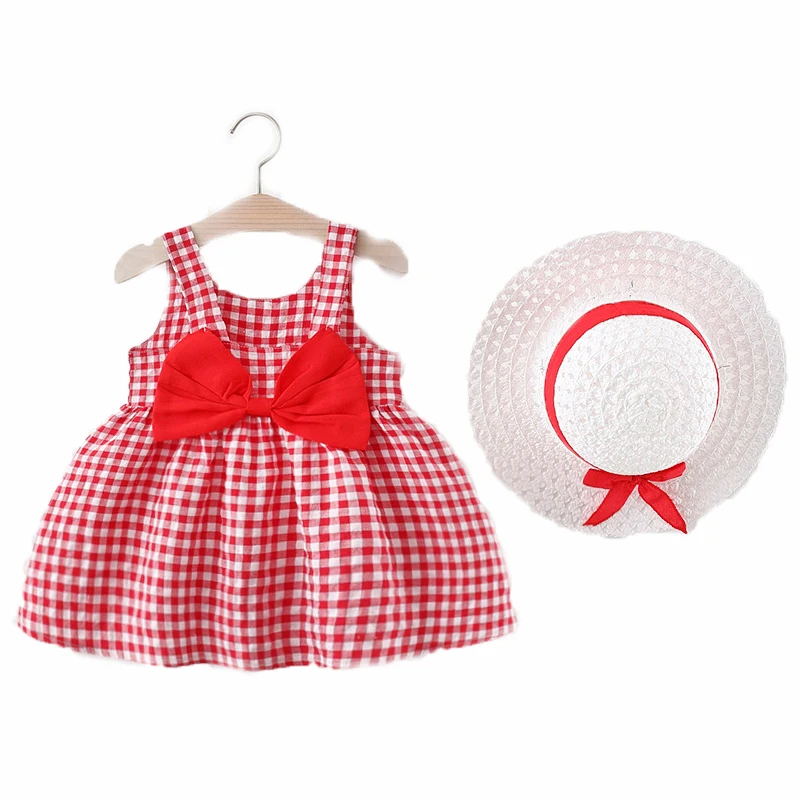 

Baby Girl Summer Dress with Bucket Hat Fashion Plaid Bow Priness Dress Baby Girl Summer Clothes A-Line Baby Dresses for Girls