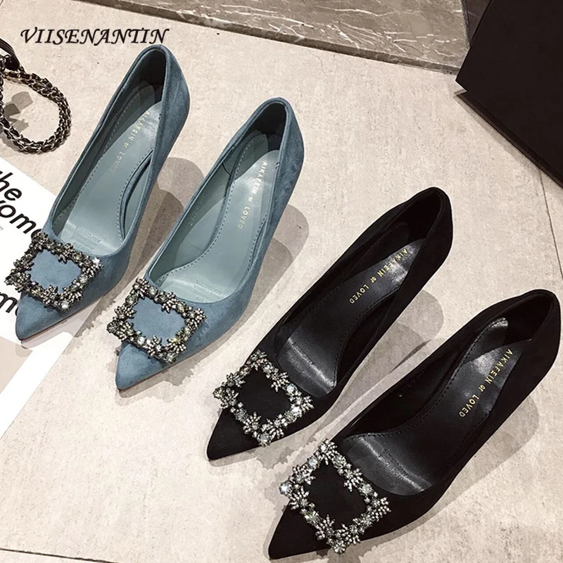 

Женские туфли на высоком каблуке-шпильке, привлекательные туфли со стразами и квадратной пряжкой, с острым носком, Осень-зима 2021