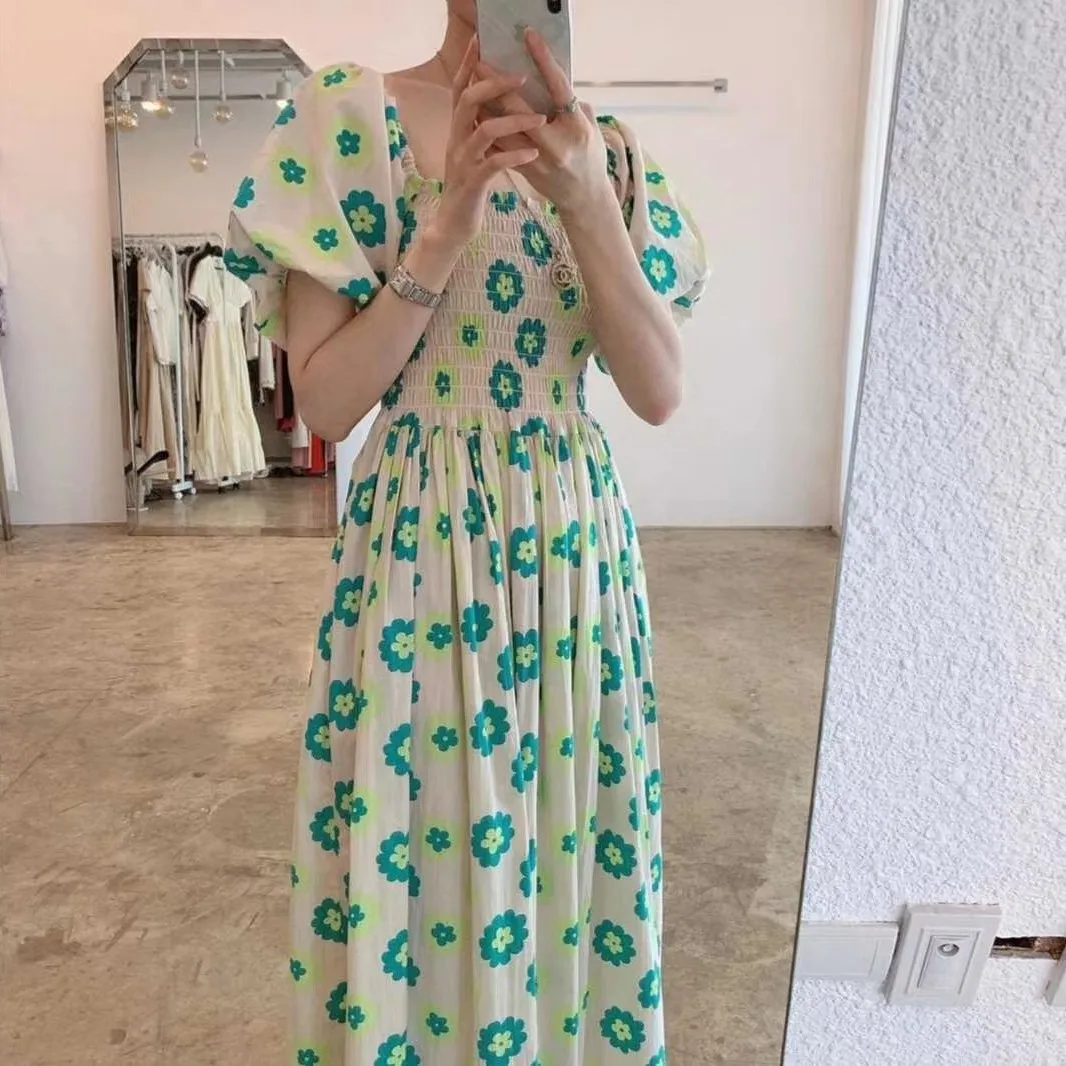 

Korean Chic Sweet Western Style Youthful-Looking Sneaky Design off-the-Shoulder off-Neck Flower Puff Sleeve Long below the Knee