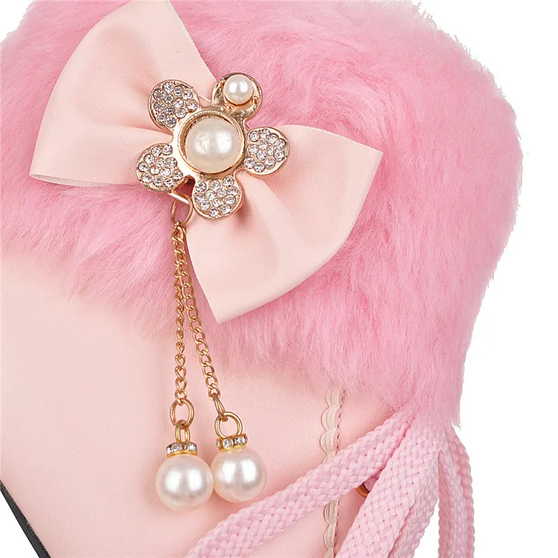 

2019 Fashion Sweet Princess Lolita Shoes Pink Bowtie Faux Fur Lace Up High Heel Womens Snow Boots Ankle Plus Size 34-43