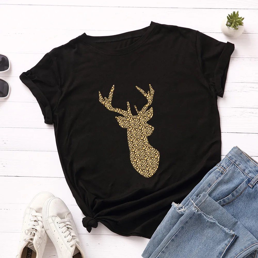 

Christmas Leopard Elk Head Print Women T Shirt Short Sleeve O Neck Loose Women Tshirt Ladies Tee Shirt Tops Camisetas Mujer
