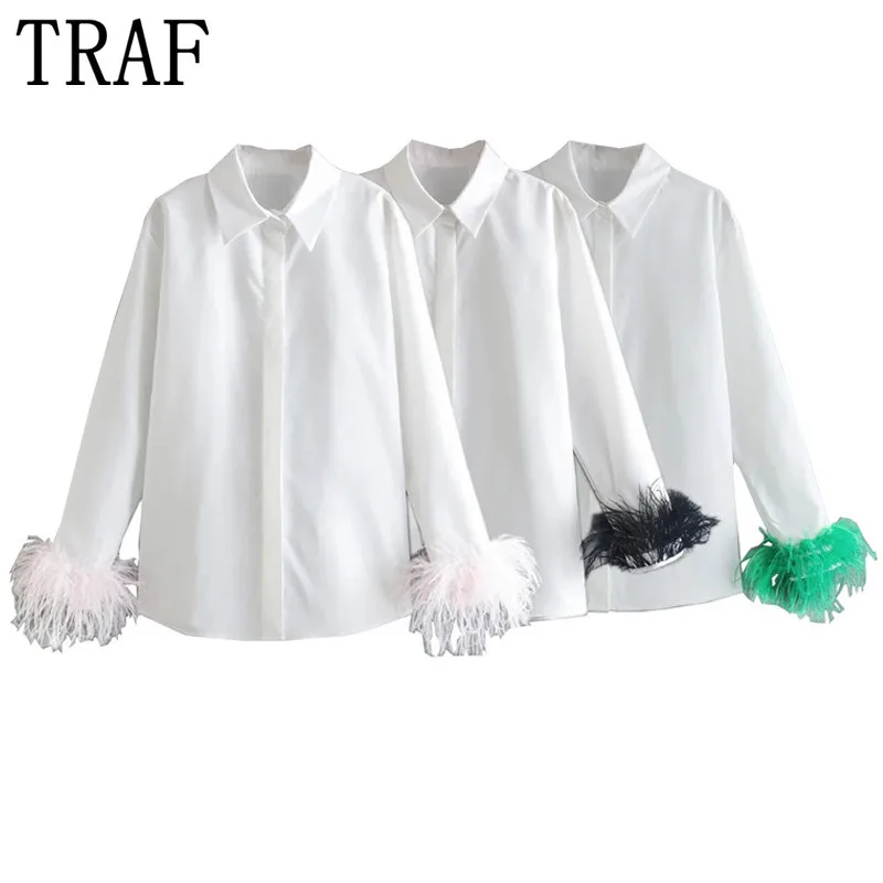 TRAF Women Top White Shirt Woman Spring 2022 Fashion Pink Green Black Feather Top Female Long Sleeve Elegant Party Blouses