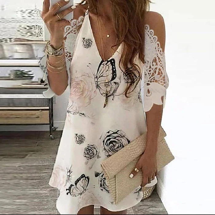 

Womens Summer Casual White Dress Elegant Lady Work Shirt Dress V-neck Hollow Out Off Shoulder Lace Dress Plus Size Dress Vestido