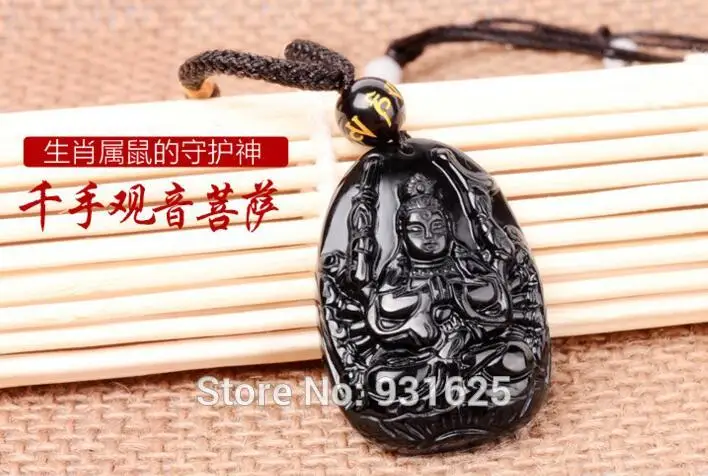 Маленький 39x27 мм натуральный черный обсидиан резной китайский тысяча рук кулон