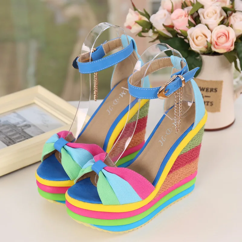 

Brand Design Women Platform Sandals Rainbow Hemp Fisherman Shoes Pu Leather 13cm High Wedges Plus Size Chunky Casual Footwear