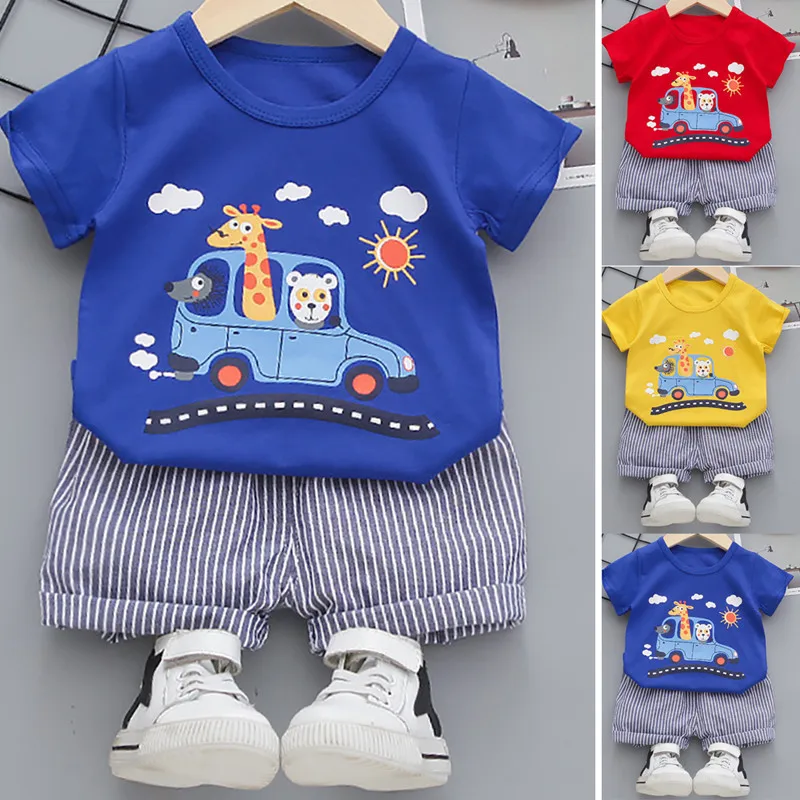 

Kids Summer Casual Outfits T-Shirts For Boys Girls Short Sleeve Striped Kawaii Shorts Pants Suit Fashion Cartoon Printed