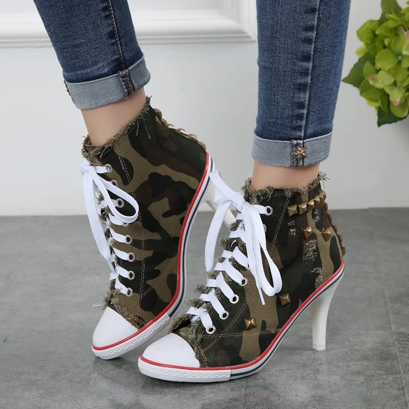 

2021 Women Canvas Shoes Denim High Heels Rivets Shoes Fashion Shoe Laces Sneakers Women Short Boots Women's Pumps