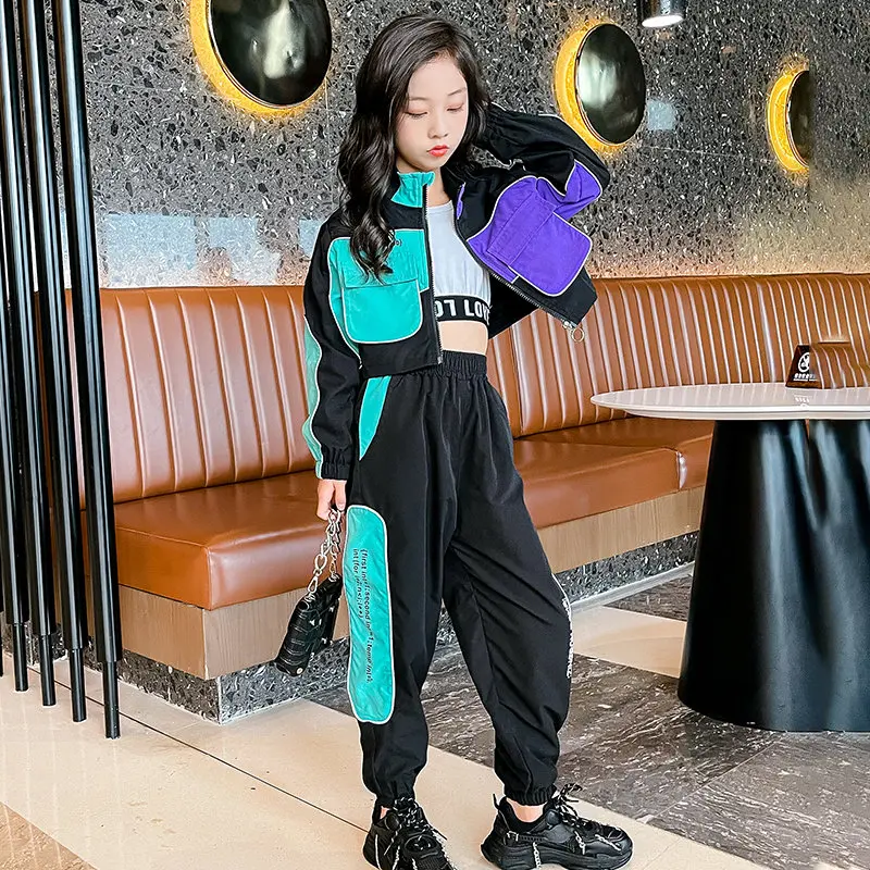 

Teenage Girls Fashion Patchwork Color Clothes Streetwear Tracksuit Jacket+Pants 2pcs Reflective Outfits Kids 8 9 10 11 12 13 14Y