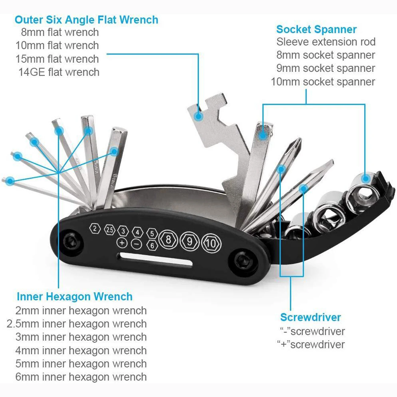 

16 In 1 Multifunction Bicycle Repair Tools Kit Hex Spoke 8/9/10mm Sockets Spanner Screwdriver MTB Cycling Bike Repair Tool