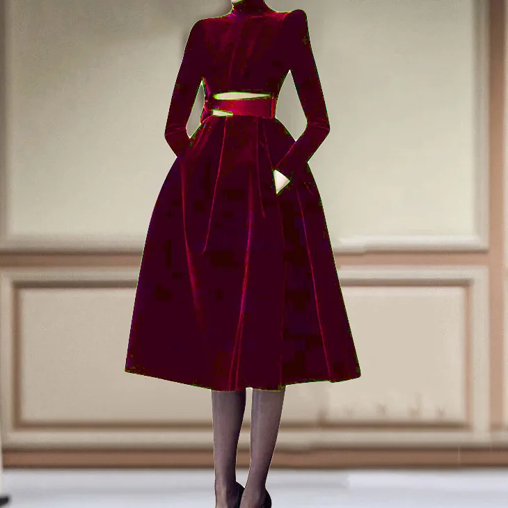 

[DEAT] Velvet dress 2021 new spring fashion women clothes stand collar full sleeves hollow out A-line long dress WP62903