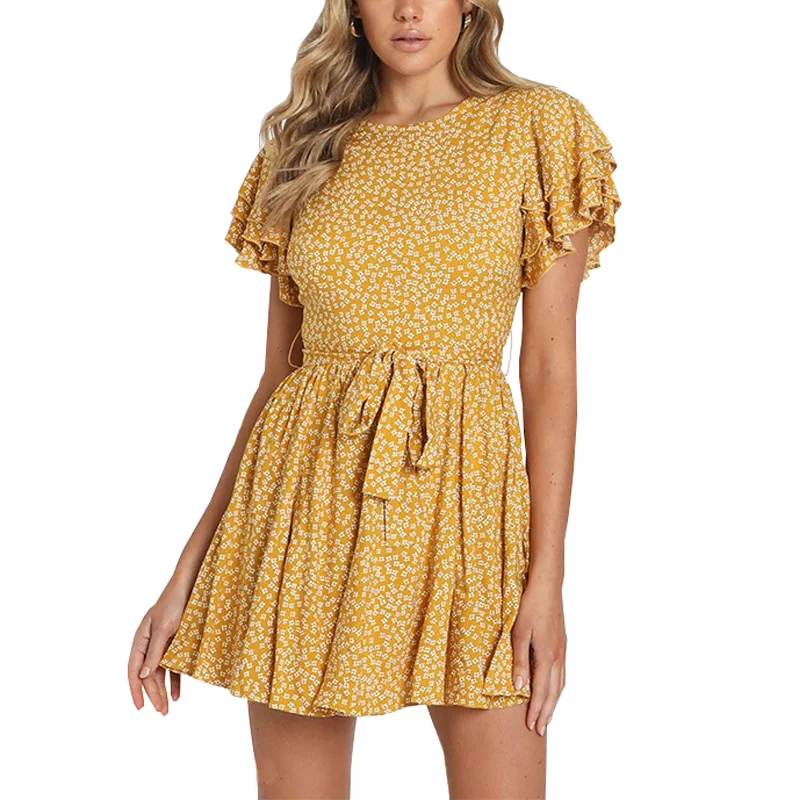 

2021 Summer Round Neck Petal Sleeve High Waist Tie A-line All-match Ladies Chiffon Dress Hot New