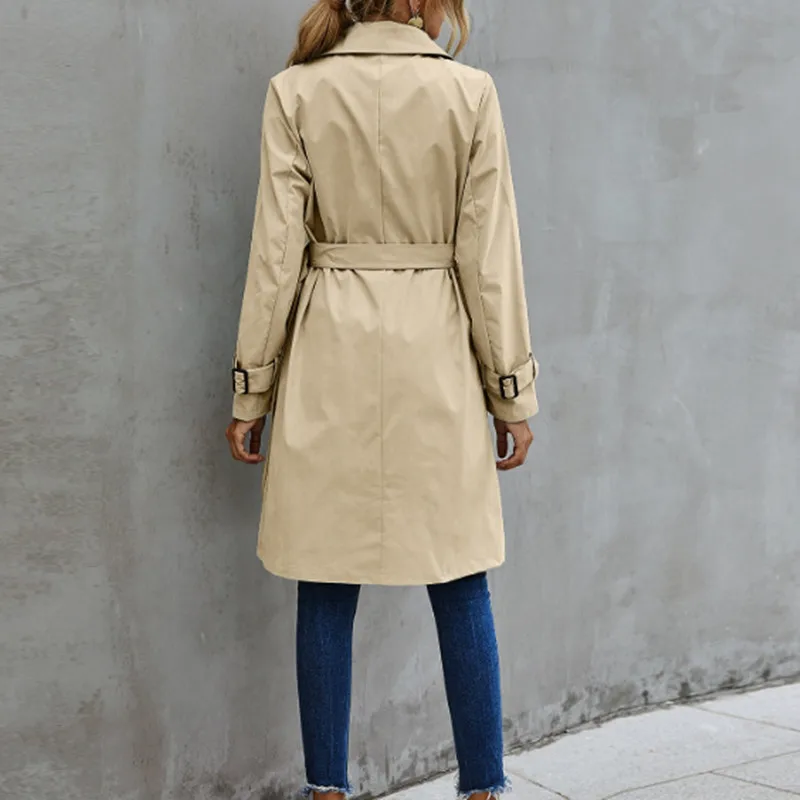 

Fashion Women Trench Casual Solid Color Coat Adult Elagant Fashion Long Sleeve Lapel Neck Double Breasted Belted Coat For Female
