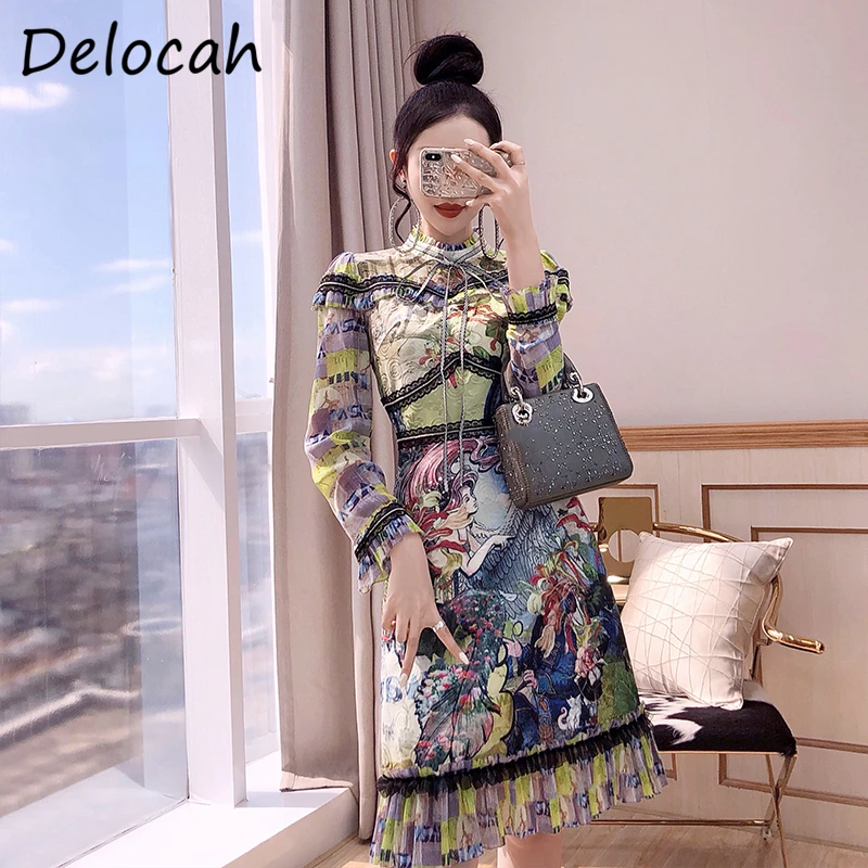 

Delocah женская летняя обувь модные дизайнерские вечерние платье миди с оборками в полоску C широким рукавом, кружевами и облегающая юбка с выс...