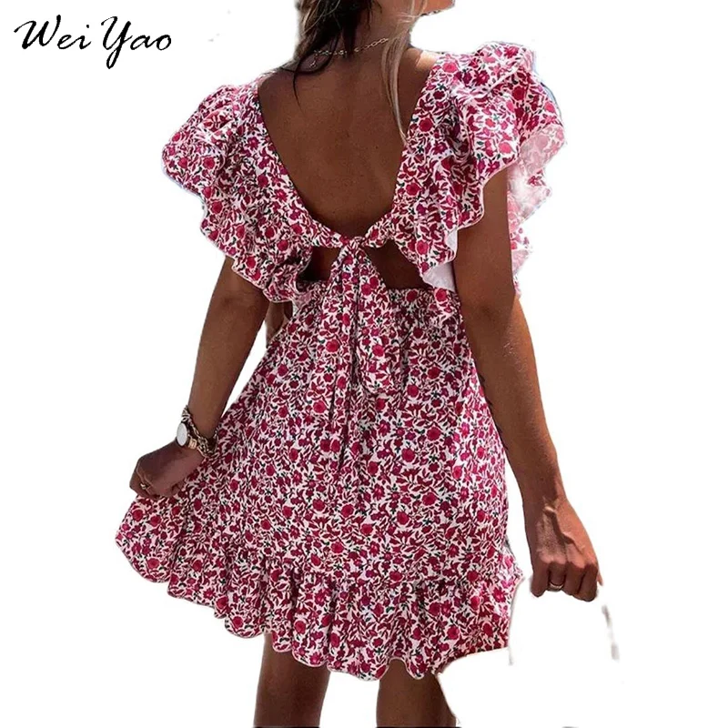 

Floral Print Summer Dress Ruffle Backless Woman Dress Boho Sexy Dresses Women A-line Mini Sundress Butterfly Sleeve Robe Femme