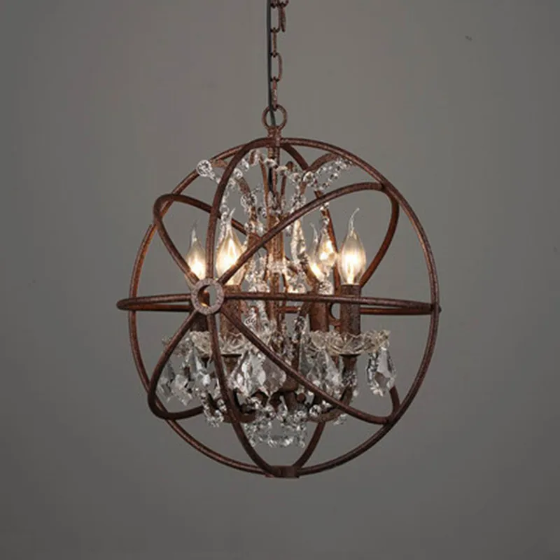 

Dia55cm 5 Lights American Industrial Cage Crystal Rust/Black Pendant Lights Nordic Iron Chain Pendant Lamp Vintage Hanging Light
