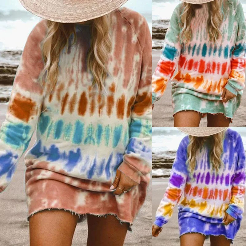 

Fashion long sleeve tie dyed top 2021 autumn new women's dress express casual loose long sweater women