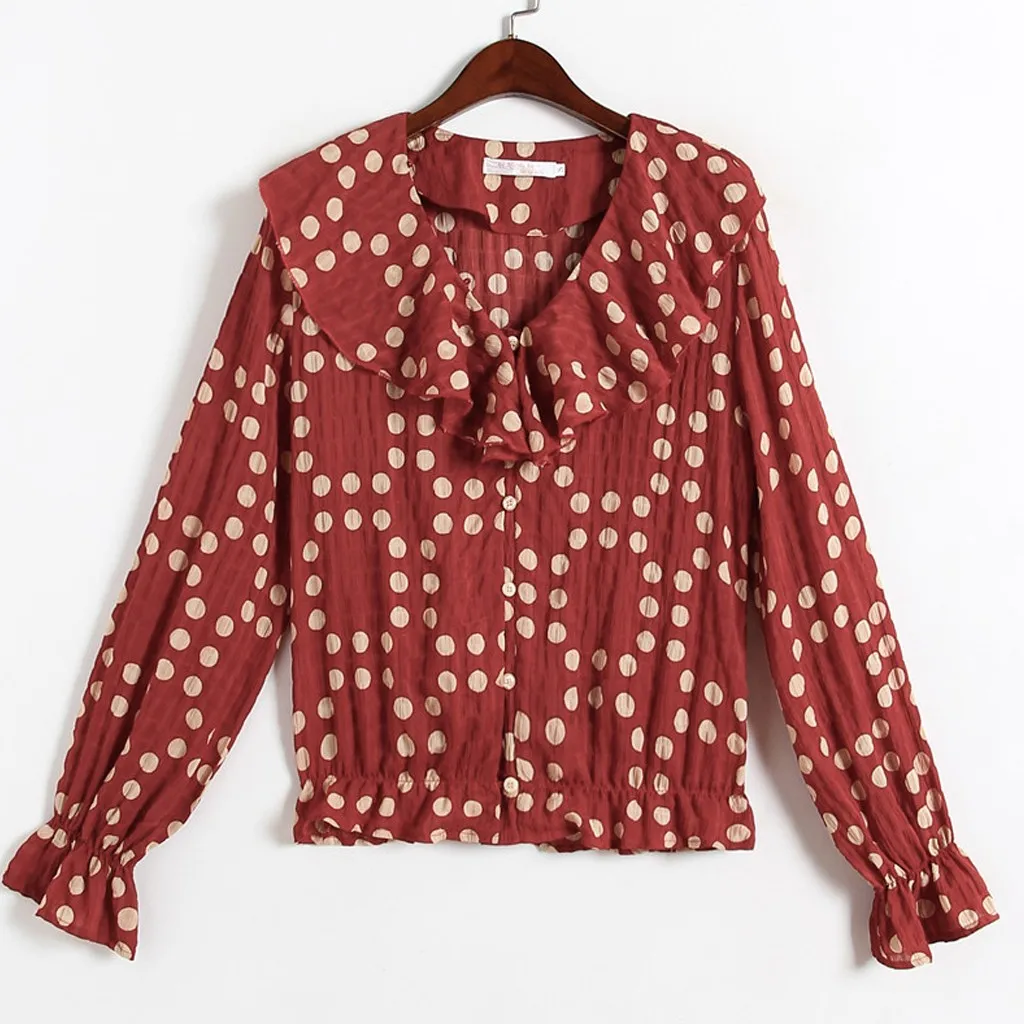 

Sexy Ruffles V Neck Blouse Loose Tops Female Fashion Blusas Mujer Plus Size Women's Polka Dot Printed Long Sleeved Chiffon Shirt