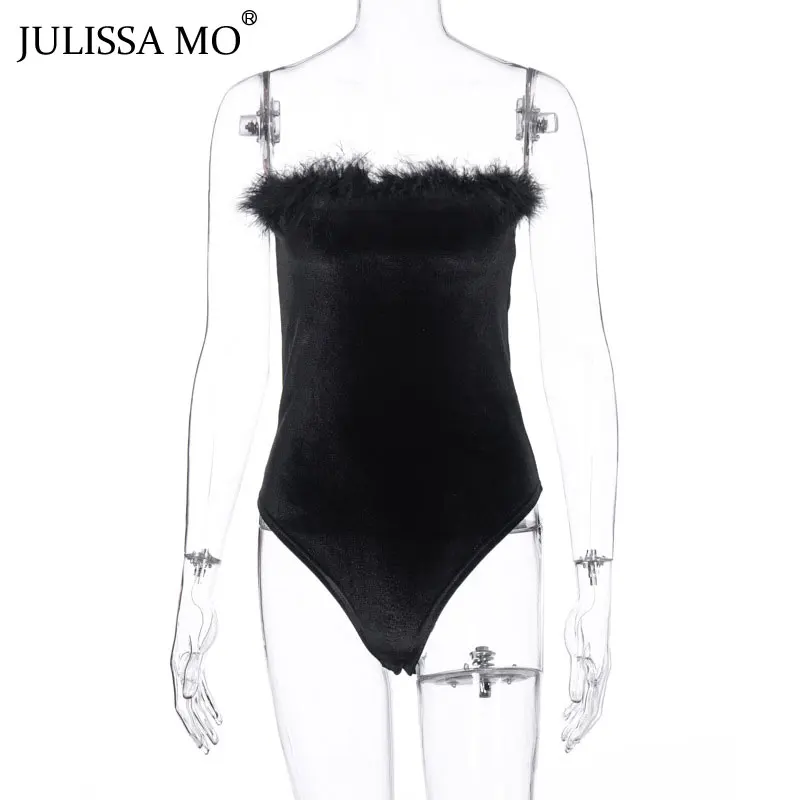 Черный Julissa mo черное искусственное меховое перо Сексуальное Женское боди без рукавов с открытыми плечами женские бархатные без бретелек Клубные Вечерние боди - Цвет: Черный