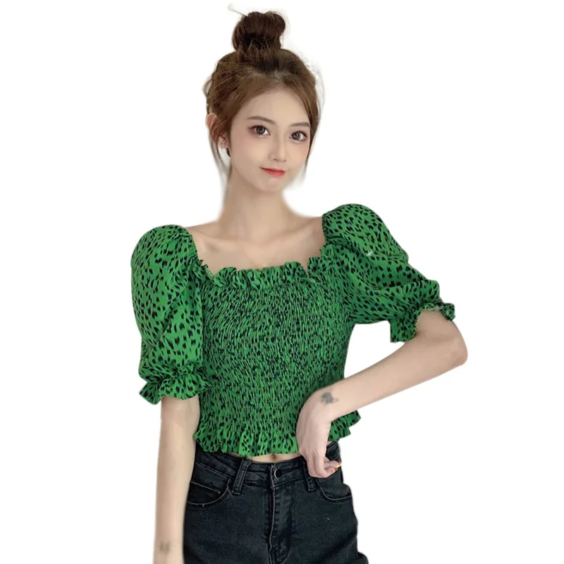 

EFINNY 2021 Women Blouses Summer Short puff Sleeve Tops Leopard Print Sexy Strapless Tops Korean Fashion Blouses Green Tops
