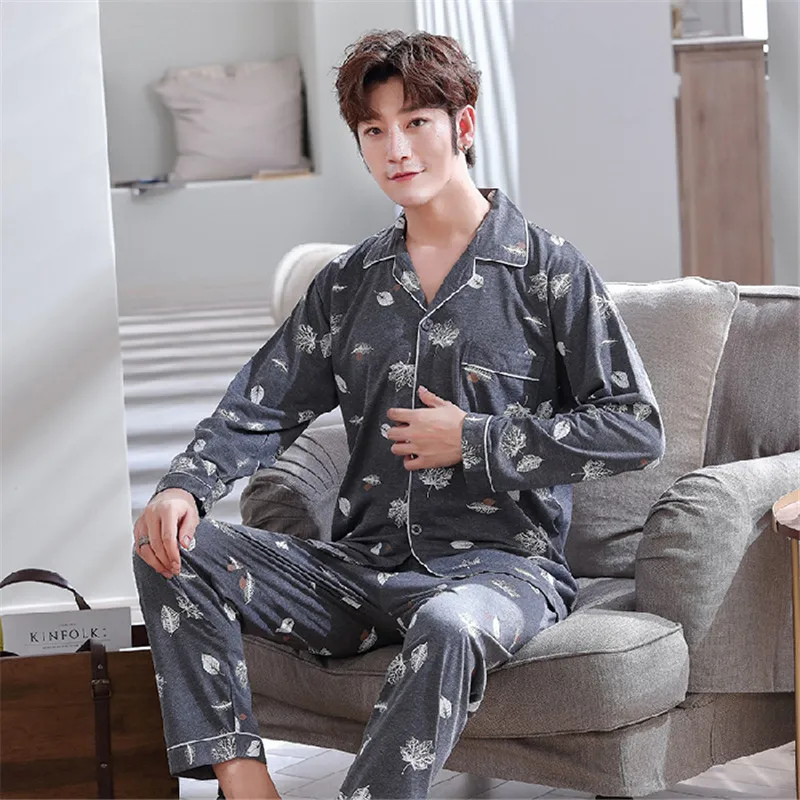 Пижама мужская хлопковая с длинным рукавом Королевский Синий принт осень зима