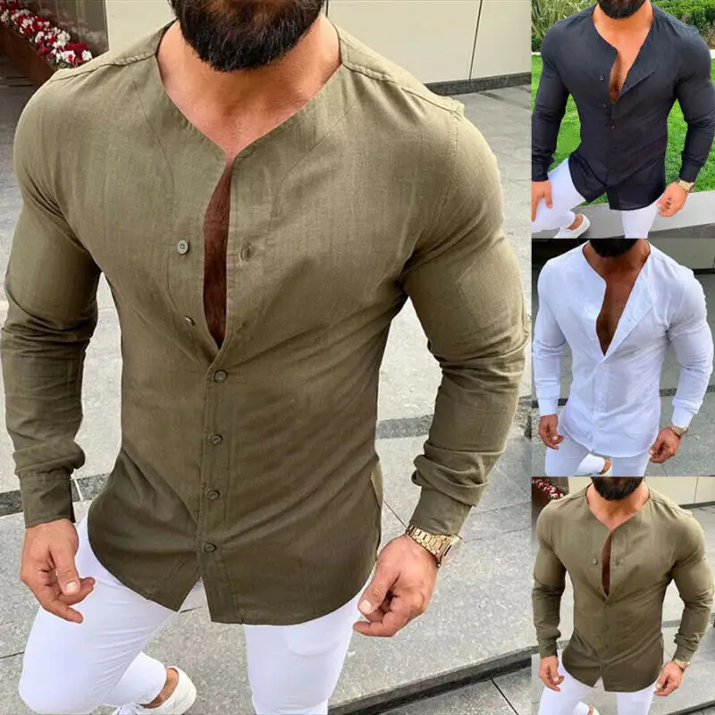 

Men Linen Slim Fit Casual Long Sleeve Shirts Crew Neck Tops Gentlemen