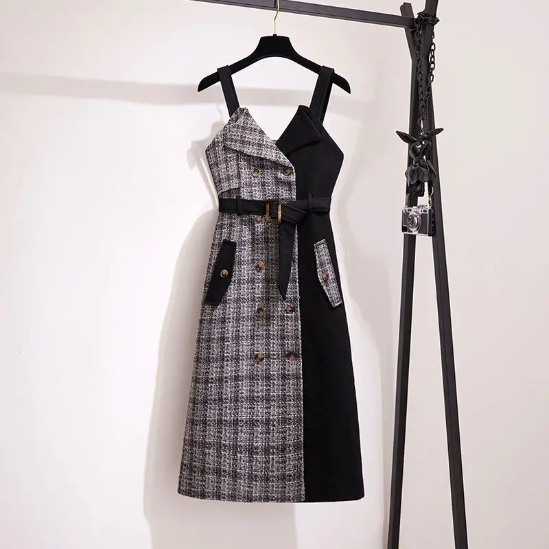 

2021 Autumn and Winter New Fashion Temperament Stitching Woolen Knit Sweater Thin Strap Skirt Suit