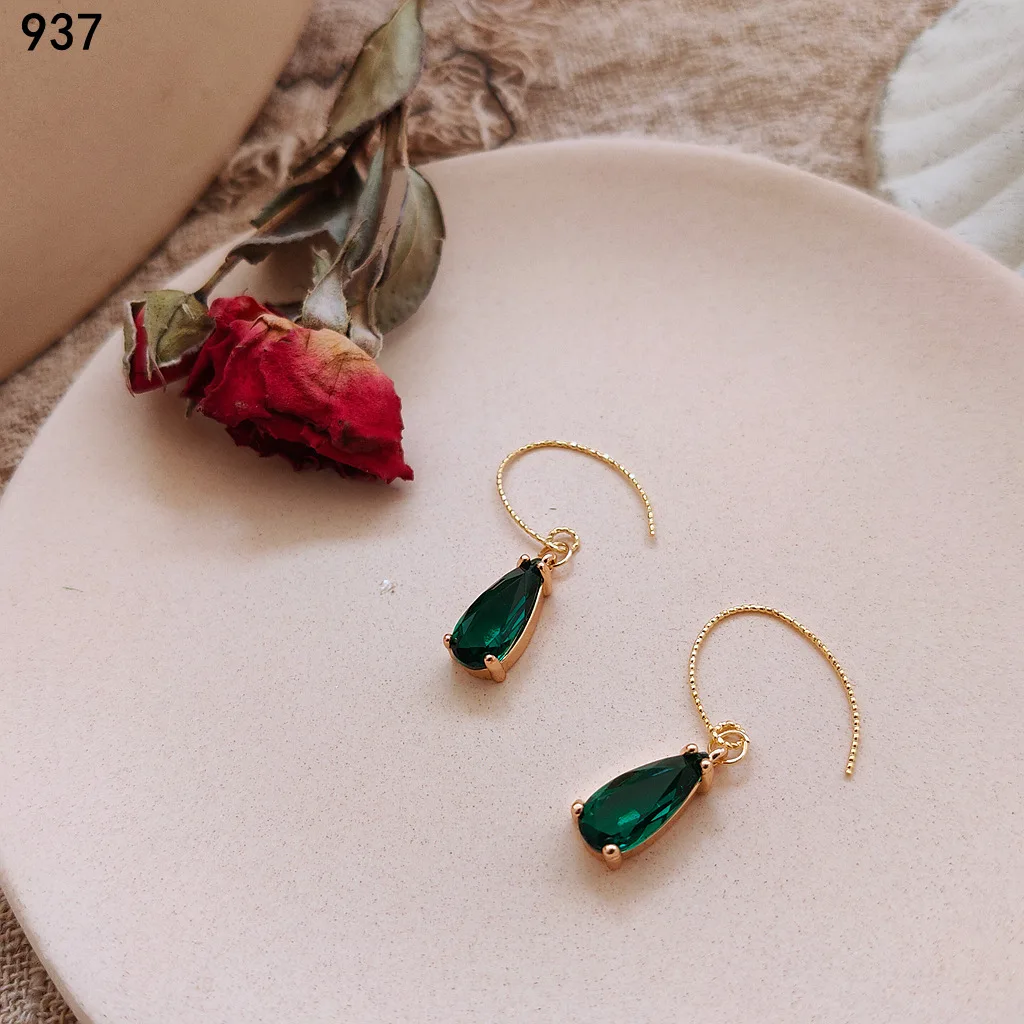 Dainty Green Crystal Water Drop Pearl Flower Earrings For Women Korean Vintage Zircon Rhinestone Wedding Earrings pendientes images - 6