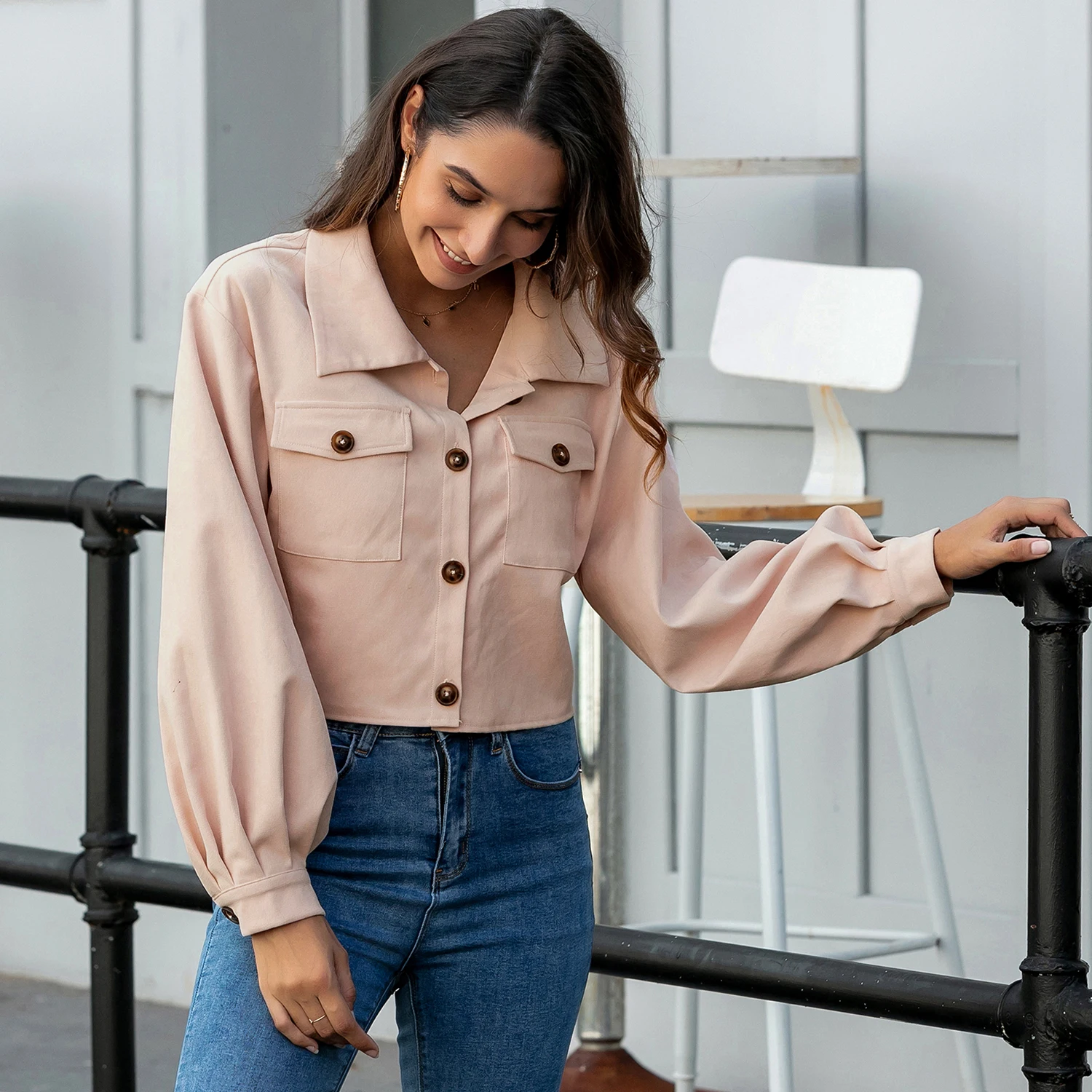 

2021 Fashion Women Autumn Winter New Short Jackets Solid Color Single-breasted Pockets Long Lantern Sleeve Slim Casual Outwear