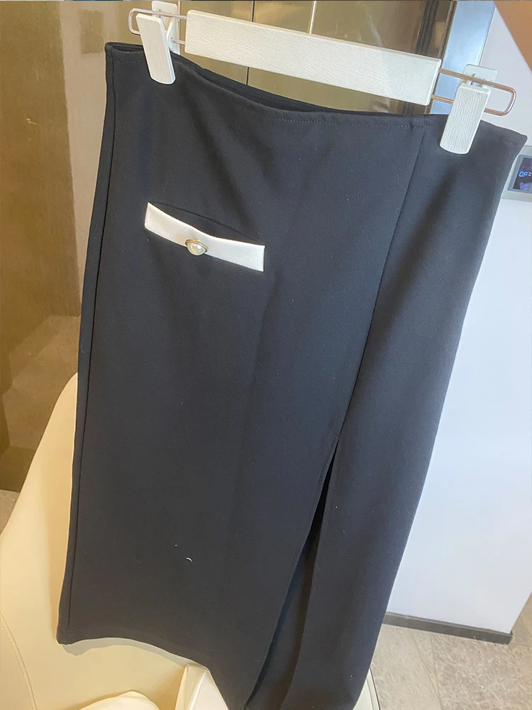 

Contrasting color, lapel, pocket decoration, loose top, two-piece suit, women's autumn new style + high waist split skirt, suit