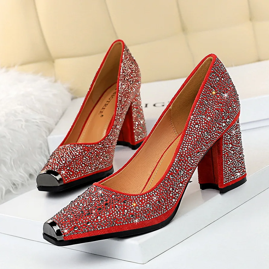 

Sexy Banquet Thick High Heel Shallow Metal Square Toe Shiny Rhinestone Women's Singles Shoes