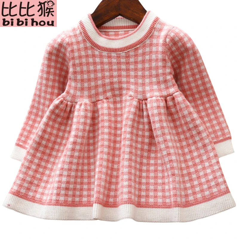 Вязаное платье для девочек Осень-зима 2019 одежда в клетку Детские платья