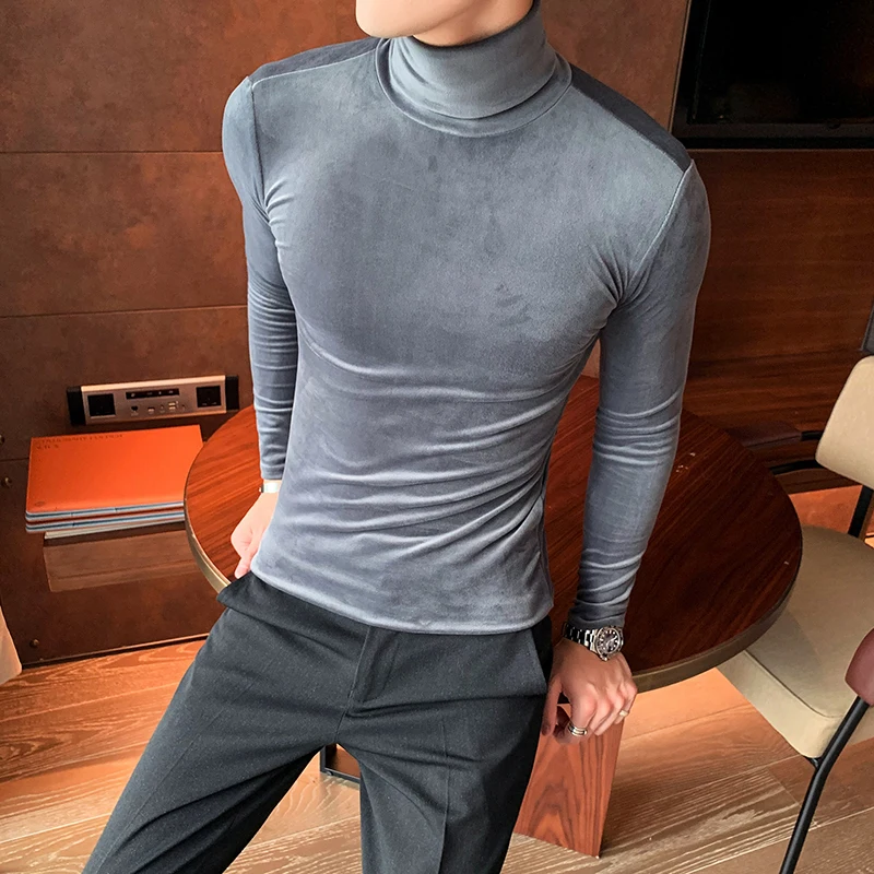 Азиатский размер Slim Fit стрейч бархат водолазка Мужская футболка с длинным