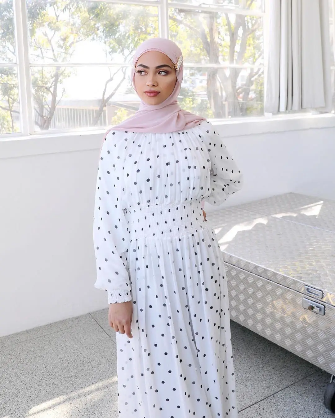 

WEPBEL Muslim Abaya Fashion Women Long Dress Polka Dot High Waist Dresses Full Sleeve Ramadan Islamic