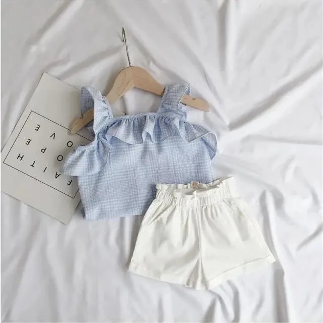 

VIDMID Girls' Plaid suspender set summer new foreign style baby Ruffle sleeveless vest fashionable Chiffon fashion sets P6075