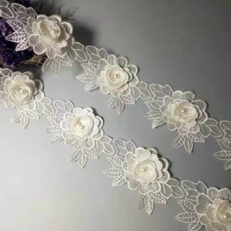 Винтажная вышитая жемчугом лента из полиэстера цвета слоновой кости с цветочной