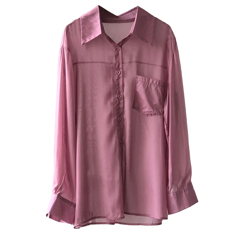 

Yeeloca Design Thin Sunscreen Shirt 2021 Summer New Pure Color Lapel Single Breasted Blousers Fashion Loose Casual Top